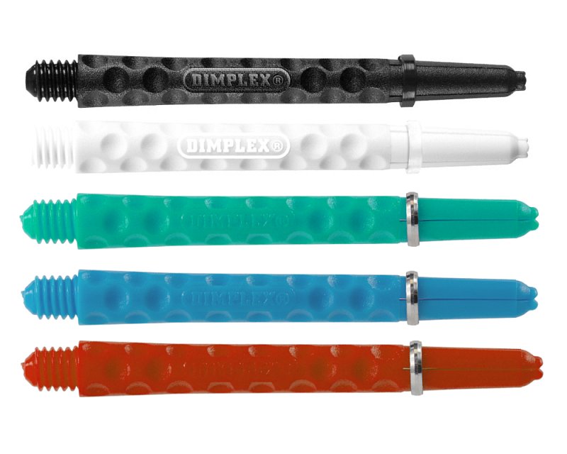 Harrows Násadky Harrows Dimplex short - aqua - pět důlkovaných násadek: černá a bílá s nápisem Dimplex, pod nimi tyrkysová, modrá a červená se stříbrným kroužkem